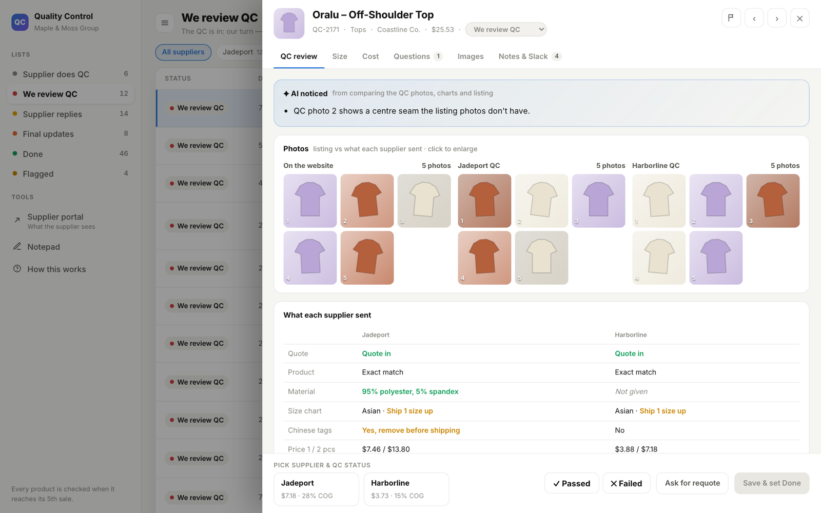 Quality-control board with a product open: listing photos beside each supplier's QC photos, an AI findings note, a supplier comparison table and a pass or fail decision bar